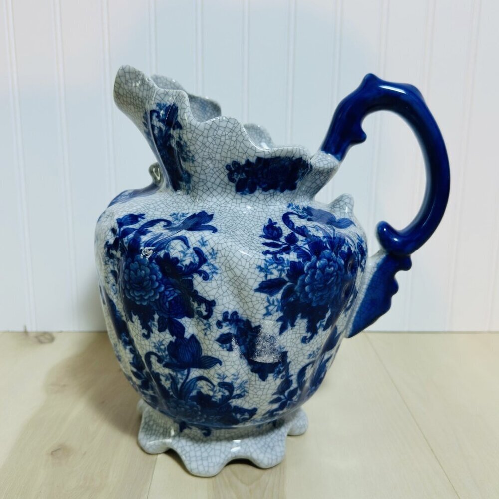 Bombay Company Vintage Blue & White Floral Crackle Pitcher Ceramic Pottery Home